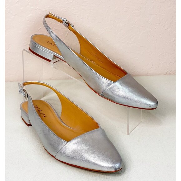 Talbots Edison Slingback Flats Womens 9AA. Silver Leather Upper Buckle Holiday - Picture 1 of 11